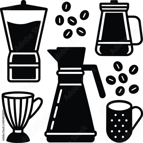 hand drawn coffee brewing tools with mugs Vector illustration