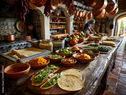 Authentic Mexican kitchen scene with tortillas and colorful ingredients ready for delicious home cooking
