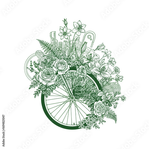 Vintage bicycle surrounded by blooming flowers and foliage design  