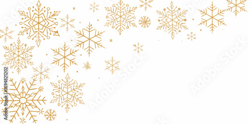 Elegant golden snowflakes falling on a white background for winter holidays and celebrations