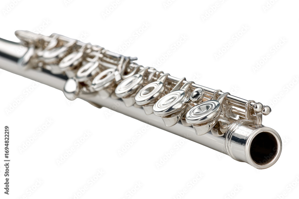 Fototapeta premium Close-up of a polished silver flute. Keys and mechanism are clearly visible