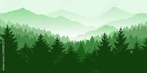 Serene green mountain landscape with layered pine forest silhouette and foggy background