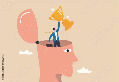 Success mindset, positive attitude to succeed, motivation or optimistic for self development, believe or confidence concept, success businessman holding winning trophy standing in his mindset head. 