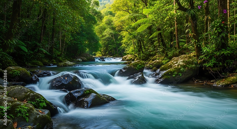 Obraz premium Serene Rainforest River Flow.