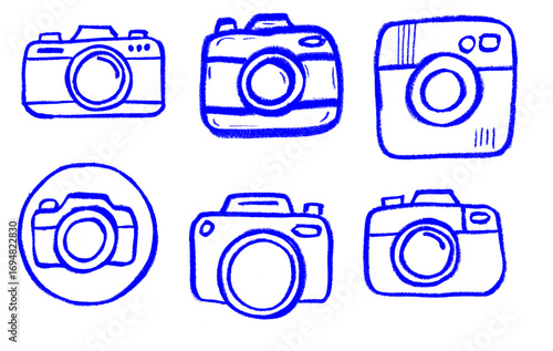 Photo Camera Icons Crayon Chalk Drawing Doodle Vector Set