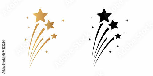 Golden and black shooting stars fireworks bursting with trails and sparkles on white background