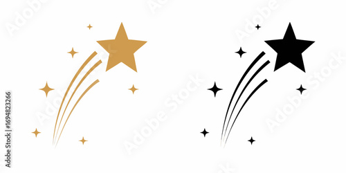 Two sets of stylized shooting stars one in gold and one in black against a white background