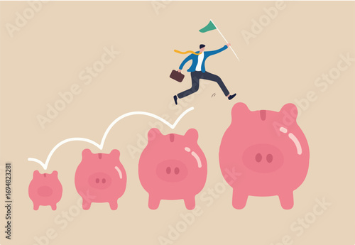 Investment and savings growth, salary or profit increase, making more money and collect more wealth concept, business man jumping from small piggy bank to bigger profit to achieve financial goal.
