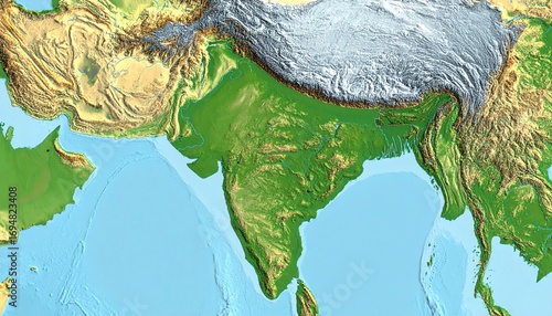 Geographic map of the indian subcontinent depicting terrain and land features