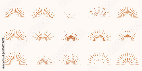 Collection of abstract sunburst and sunrise semicircles in warm terracotta color on a cream background
