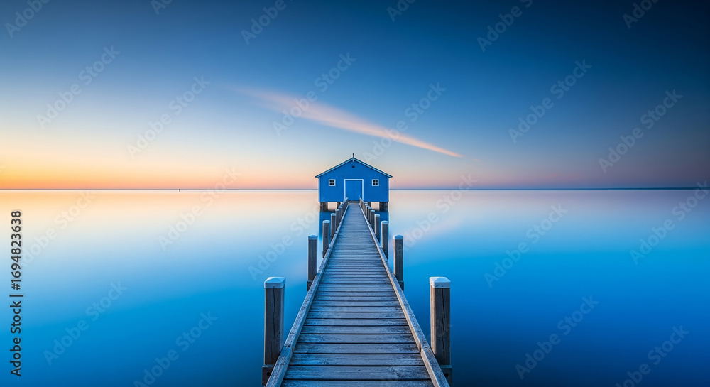 Obraz premium A solitary wooden jetty with a small blue boat house at the end stretches out into a calm, serene ocean under a vibrant blue and orange twilight sky, creating a peaceful and tranquil atmosphere