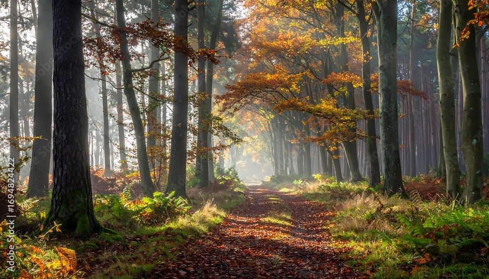 Fototapeta premium Sunlight streams through a serene autumnal forest, illuminating a path lined with tall trees and colorful foliage.