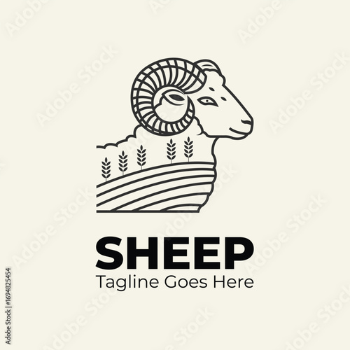 Line Art Sheep Logo with Farm Scene
