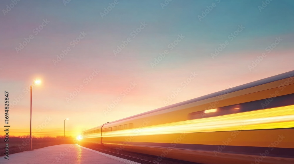 Obraz premium Bright sunset as a train speeds past at the station during twilight hours