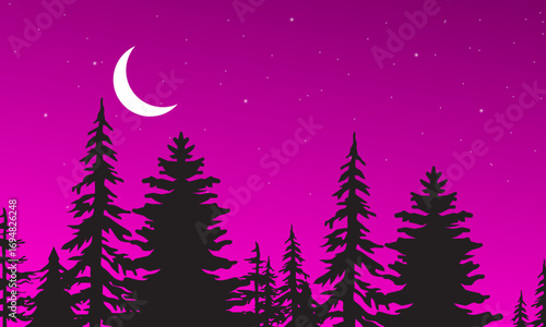 Illustration of a natural night scene, silhouette of trees, moon and stars