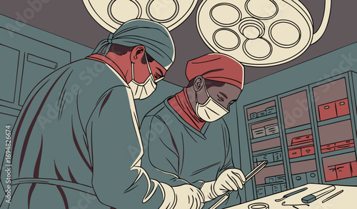 A dramatic operation theater scene with surgeons wearing masks and gloves performing surgery under bright surgical lights. Stainless steel medical instruments are arranged on a tray. The background sh