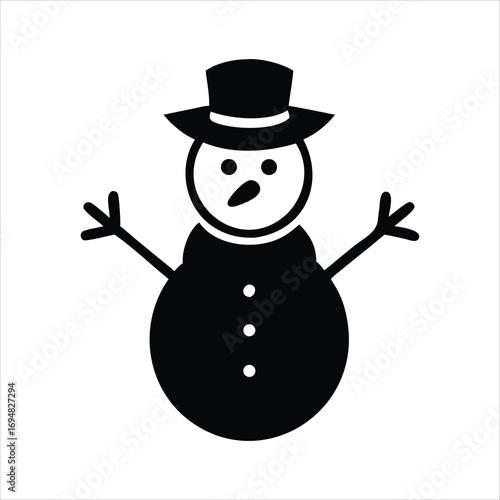 Simple black and white icon of a snowman wearing a top hat