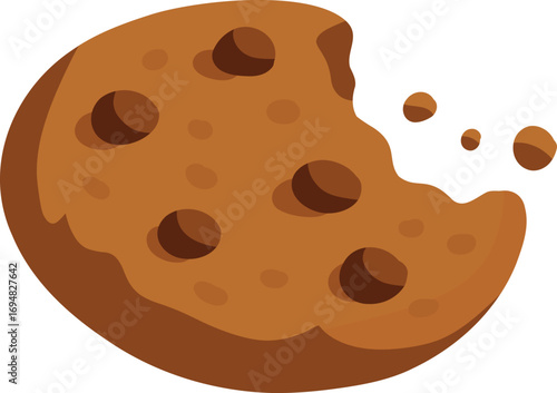 Tasty bitten chocolate chip cookie with crumbs. Ideal for bakery designs, dessert graphics, recipe cards, sweet shop logos, and festive holiday illustrations.