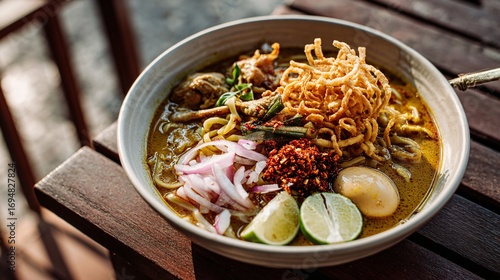 Traditional Khao Soi Gai with Rich Curry Broth and Fresh Herbs