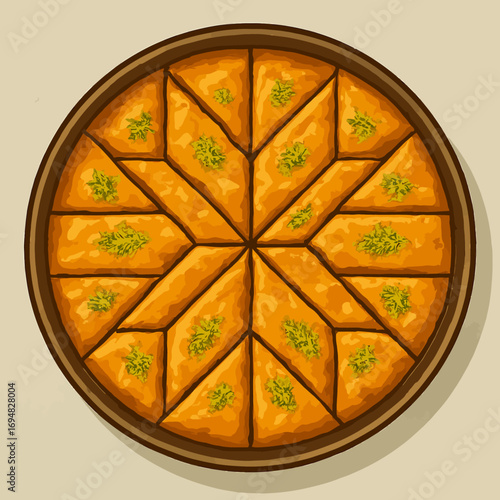 Gold baklava artwork displays on plate. Use for food blog, menu design, or recipe illustration.