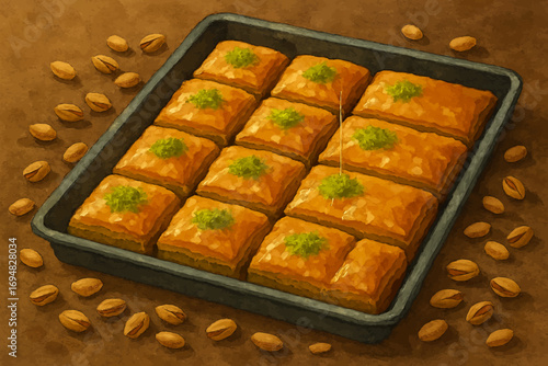 Watercolor baklava with pistachios fills a tray. The warm art style suits backgrounds, social media, or product photography.