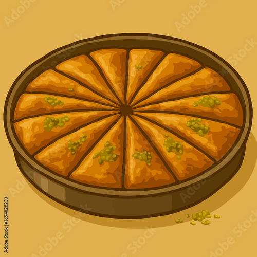 Sweet baklava glistens in warm light. Use this vibrant dish illustration for a food blog, recipe card, or festive, culture-rich branding.