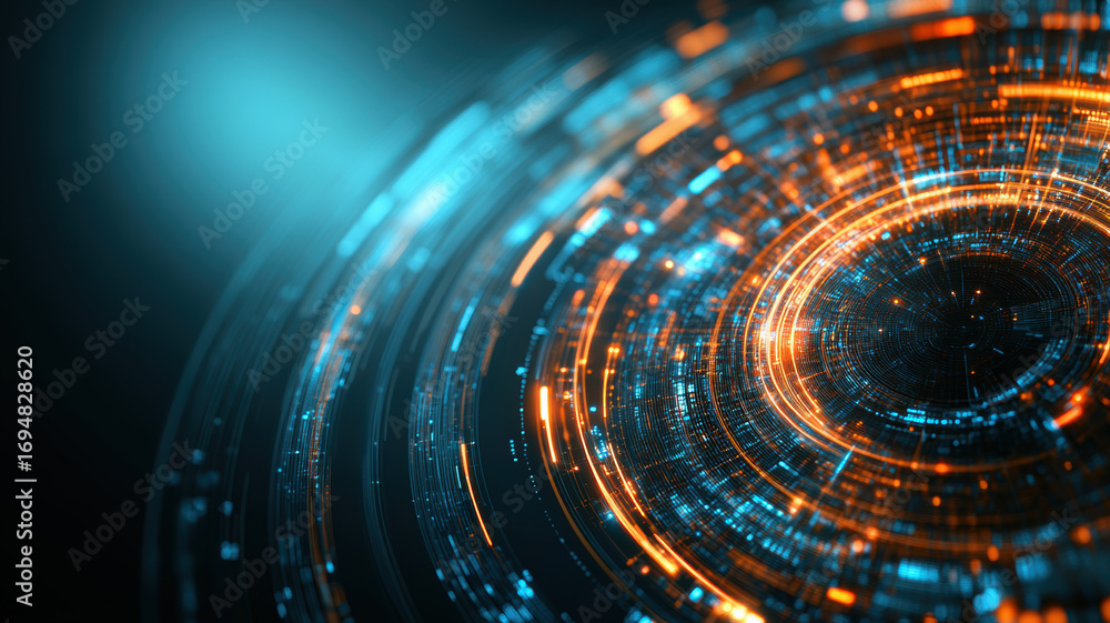 Obraz premium Abstract digital background with glowing circles and lines, representing technology and innovation.