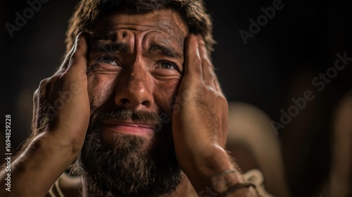 Esau crying in anguish before Isaac after Jacob’s deception, tent interior dimly lit by oil lamps, Isaac seated with sorrowful face, Esau kneeling, fists clenched, raw grief echoing in silence.