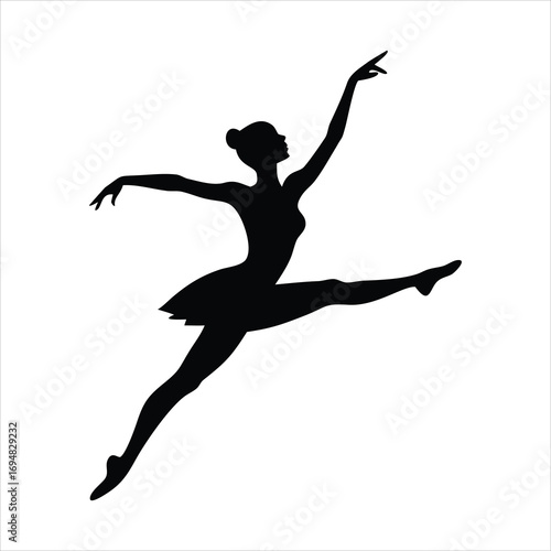 Silhouette of a graceful ballerina performing a leap on a white background