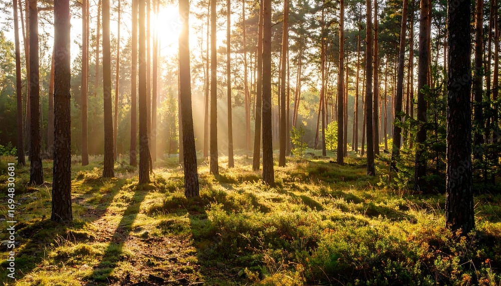 Naklejka premium Sunlight filtering through a dense pine forest