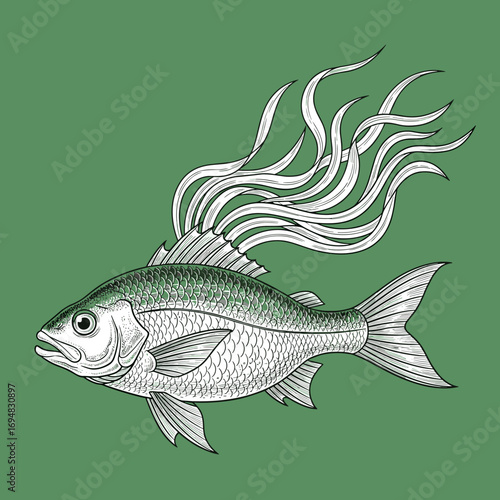 Artistic illustration of a fish with flowing fins on green background  