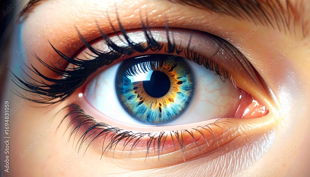 Fototapeta premium Close-up of an eye with a vibrant, multicolored iris, showcasing intricate patterns and rich color palettes. Detailed textures and light effects highlight the delicate structure.