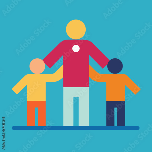 Stylized illustration of a parent figure with two children embracing