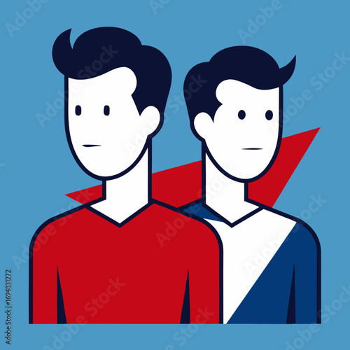 Two men standing side by side with red and blue geometric shapes behind them