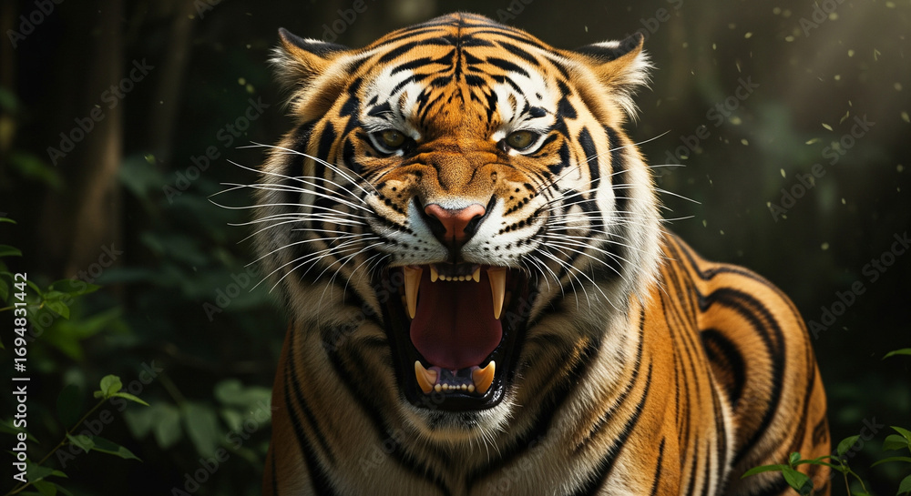 Fototapeta premium Fierce tiger bares fangs in intense jungle close-up, conveying raw power and wild spirit
