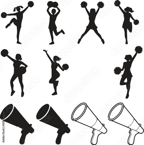 Silhouette collection of cheerleaders performing and megaphones