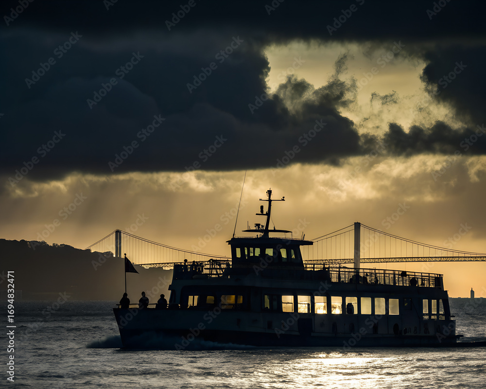 Fototapeta premium Ferry Boat at Sunset with Bridge
