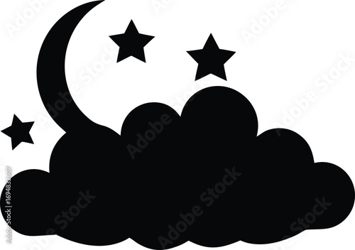 Stylized Silhouette Image of a Crescent Moon, Stars and Cloudscape