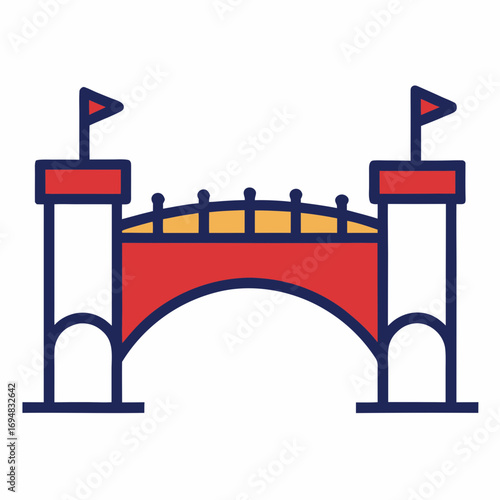 Colorful stylized bridge with towers and flags icon