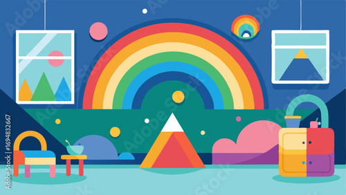A playroom with a colorblocked abstract mural on the wall featuring rainbow colors and geometric shapes adding a fun and playful element to the room.