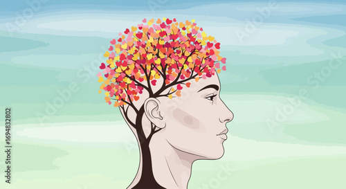 Profile of a human head with a vibrant tree of heart-shaped leaves, a metaphor for emotional intelligence and positive thinking
