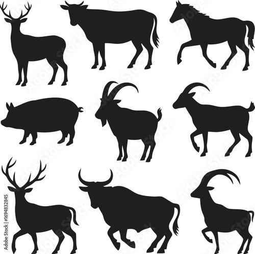 Collection of silhouette farm animals and wildlife including deer and cattle