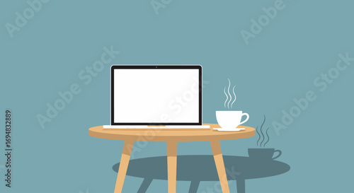 Minimalist digital workspace illustration with a laptop mockup and steaming coffee cup on a round table. Modern concept for remote work, blogging, or a creative break