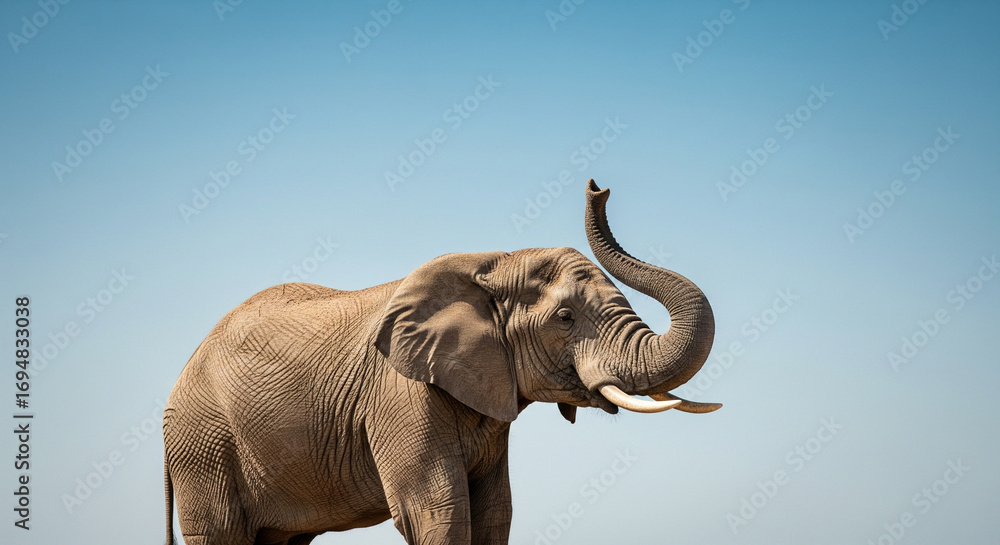 Obraz premium Majestic African elephant raises trunk against clear blue sky, symbolizing power and freedom