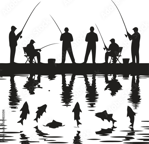 Silhouette of diverse anglers fishing from a pier with jumping fish reflections