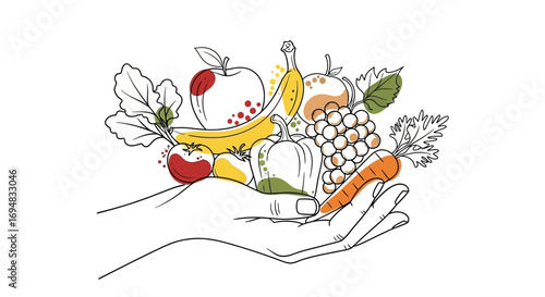Hand drawn sketch of a hand holding a bounty of fruits and vegetables, symbolizing concepts of healthy eating, nutrition, and food choices