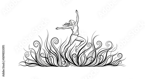 Woman Leaping Through Ornate Floral Design An Illustration of Joy and Freedom