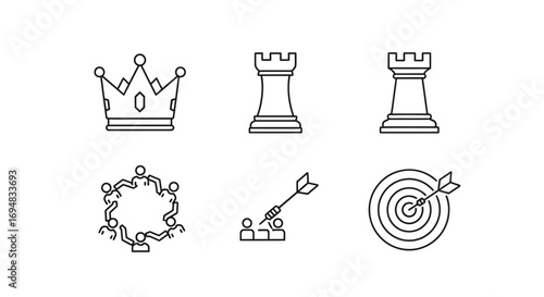 A minimalist set of line art icons depicting business strategy, leadership, teamwork, and achieving corporate goals