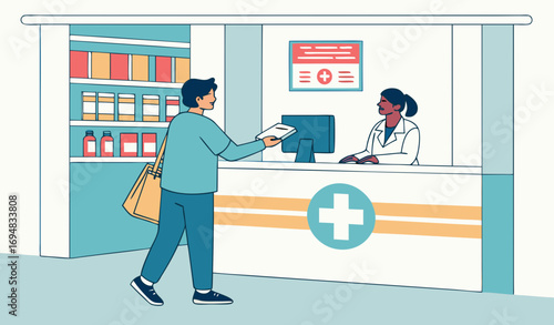 A hospital pharmacy counter with a pharmacist handing over medicines to a patient. Shelves behind the counter are filled with colorful medicine boxes and bottles. Add a digital billing system, signage