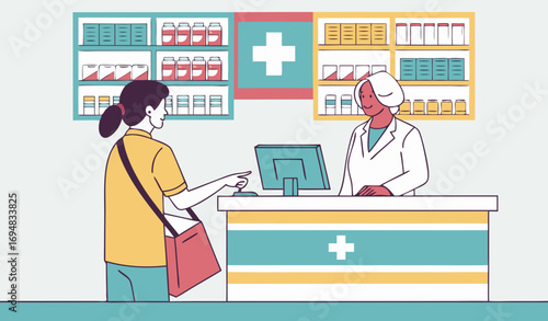 A hospital pharmacy counter with a pharmacist handing over medicines to a patient. Shelves behind the counter are filled with colorful medicine boxes and bottles. Add a digital billing system, signage